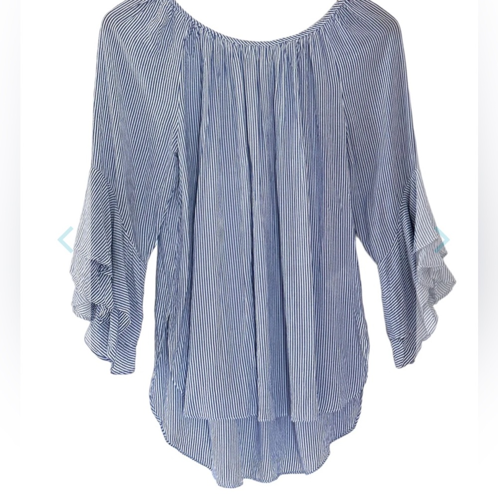 Gibson Latimer Pinstriped Peasant Top M Blue/White Ruffle Feminine Relaxed